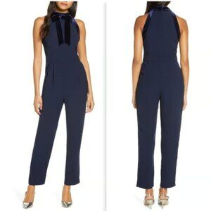 NWT 1901 Velvet Trim Bow Navy Blue Halter Jumpsuit 10